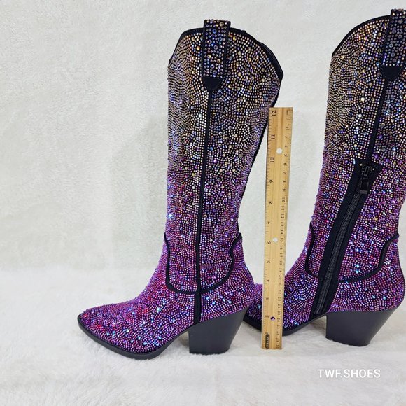 Western Glow Multi Purple Ombre Rhinestone Disco Cowgirl Knee Boots - Picture 11 of 17
